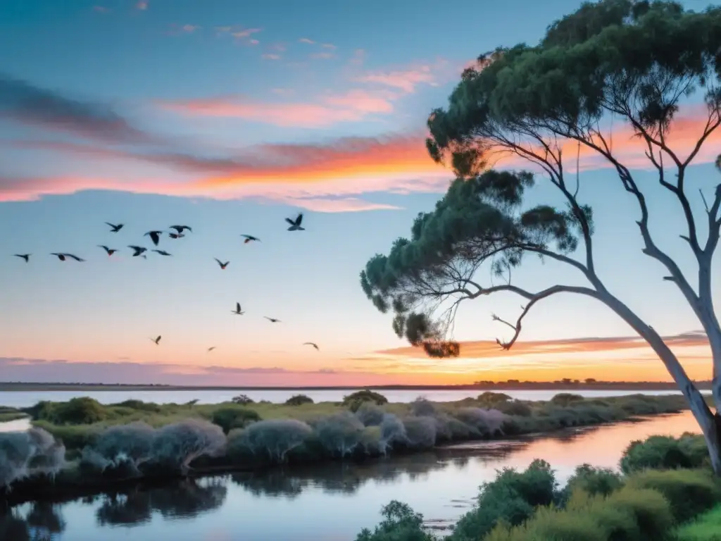 Rutas escénicas Uruguay: un atardecer sereno en 'La Ruta de los Pájaros Pintados', con aves nativas, un río tranquilo y una chalana tradicional