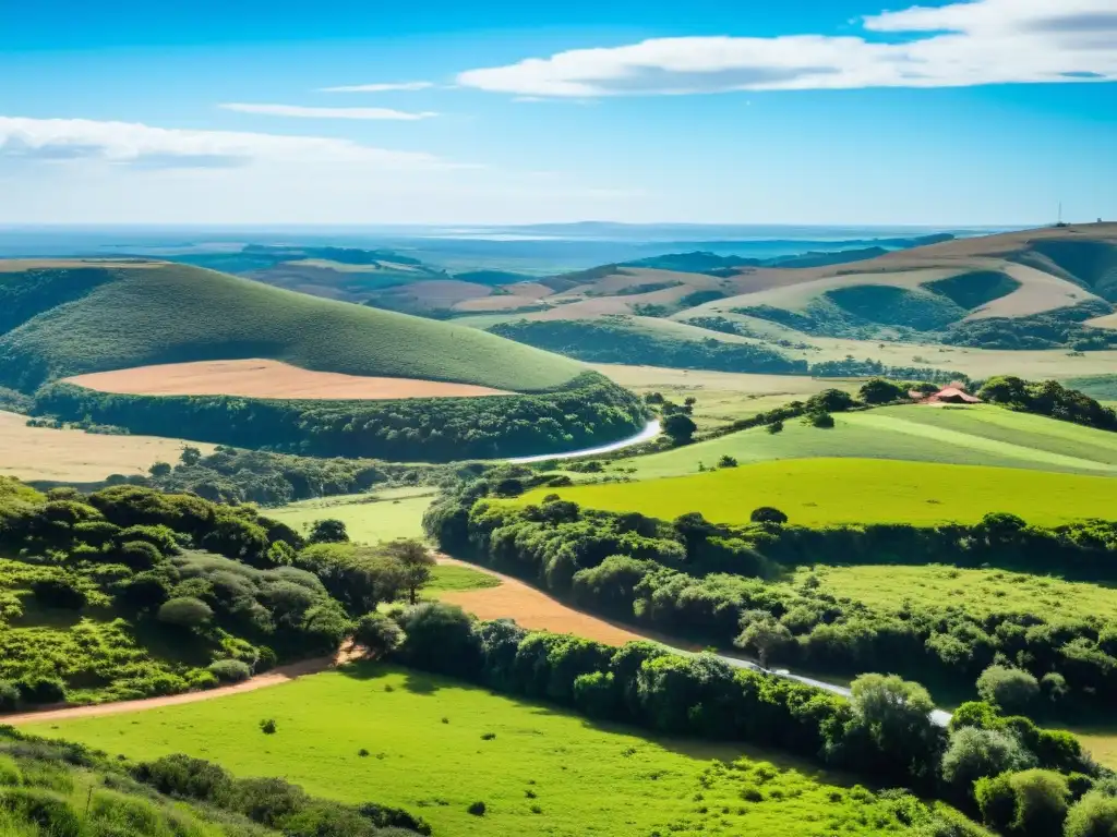 Rutas escénicas Uruguay: camino serpenteante entre prados verdes, estancias rústicas y bosque al atardecer dorado