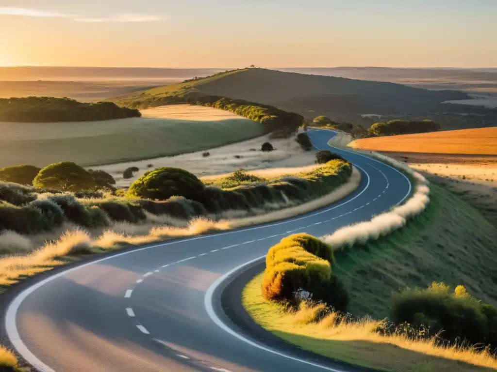 Rutas escénicas Uruguay patrimonio cultural: camino serpenteante al atardecer, entre llanuras y colinas con ganado y un pueblo colonial