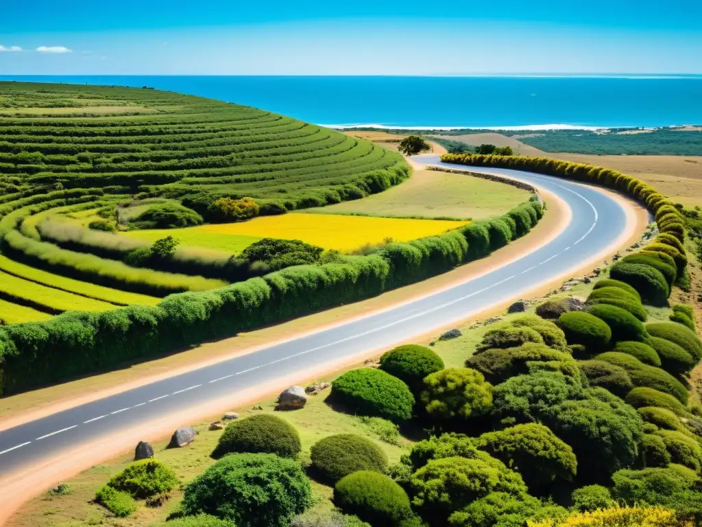 Rutas escénicas Uruguay patrimonio cultural: Viaje nostálgico por la serpenteante Ruta Panorámica, rodeada de verdes vibrantes y autos vintage