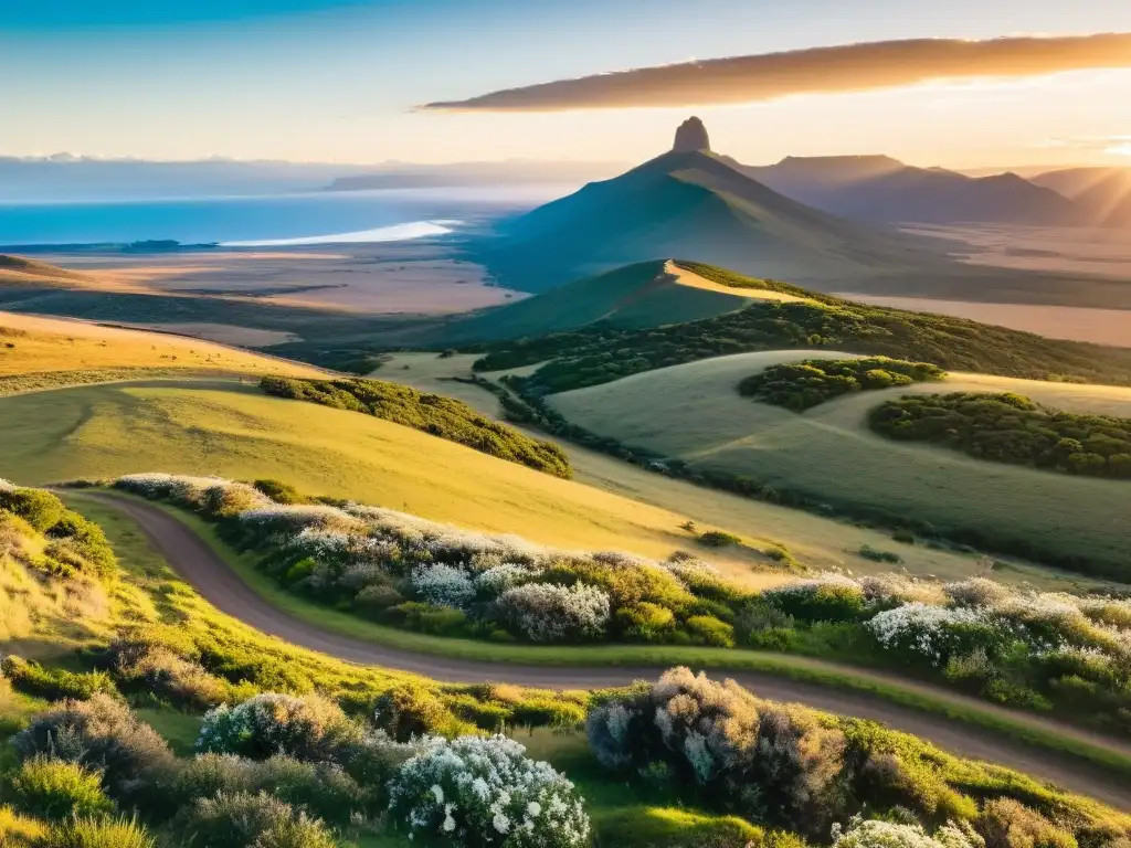 Rutas escénicas de Uruguay, patrimonio cultural, serpenteando entre prados y estancias históricas, bajo un cielo teñido de colores al atardecer