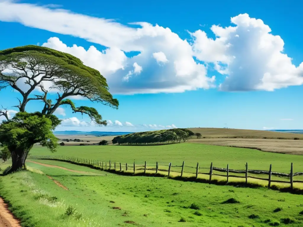 Rutas escénicas Uruguay viaje inolvidable: camino serpenteante entre verdes pastos y viejos árboles bajo un cielo azul intenso