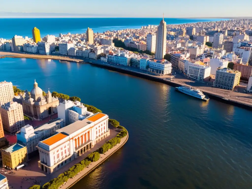 Rutas escénicas Uruguay viaje inolvidable: vista aérea de Montevideo, con el Palacio Salvo resplandeciendo al atardecer