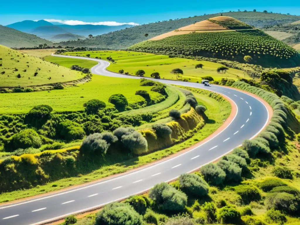 Rutas escénicas en el litoral uruguayo, con un camino sinuoso y pintoresco, rodeado de naturaleza vibrante y bañado por la luz dorada del atardecer