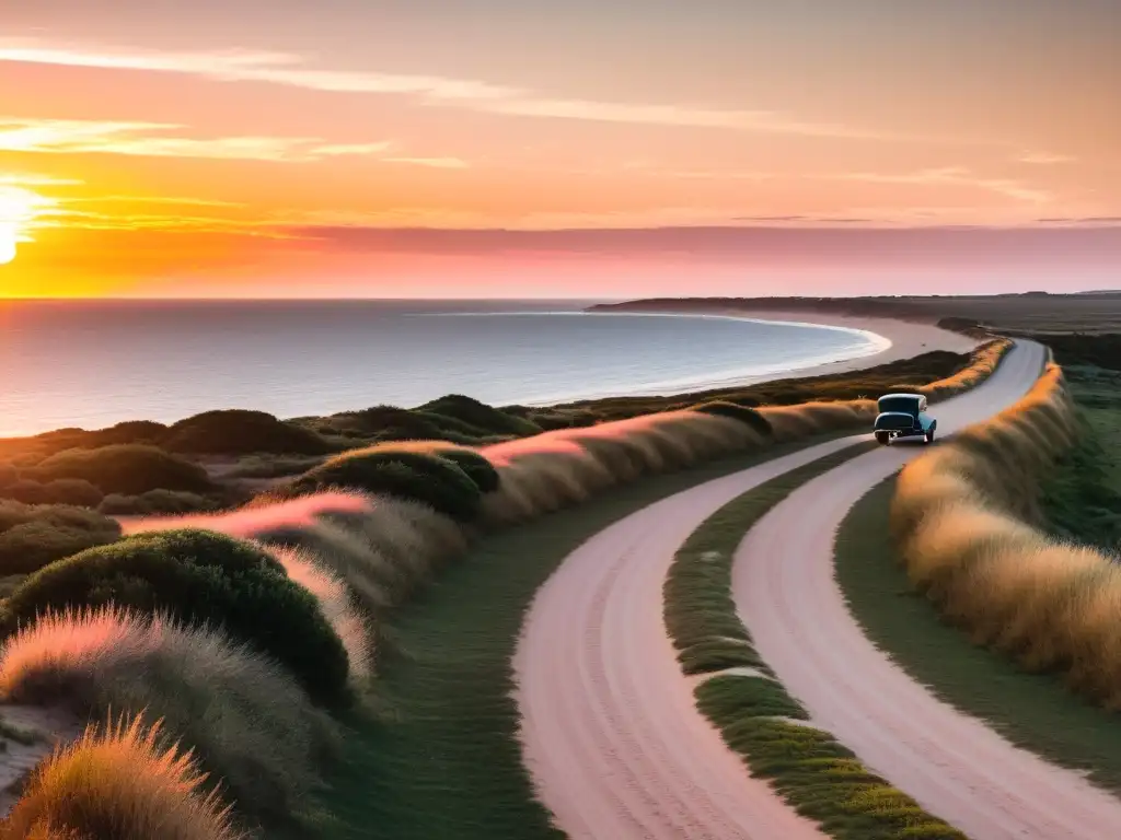 Rutas escénicas en el litoral uruguayo, con el sol poniéndose en el horizonte y tintando de oro el paisaje sereno