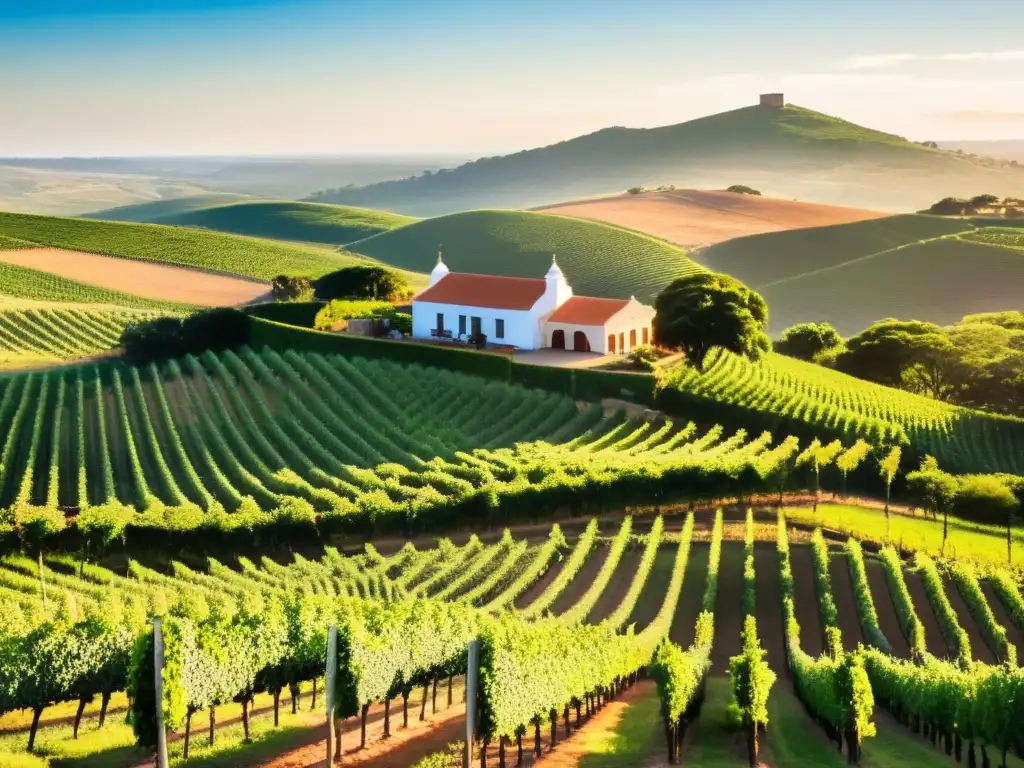 Rutas escénicas Uruguay: vista panorámica al atardecer del verde viñedo, bodega colonial y silueta de Montevideo