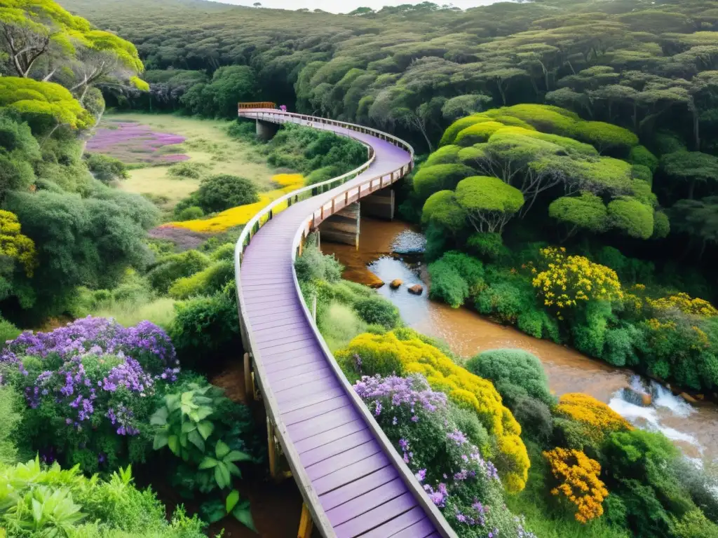 Rutas escénicas para senderismo en Uruguay: sendero serpenteante adornado con flores vibrantes, bosque frondoso, montañas majestuosas y un atardecer espléndido