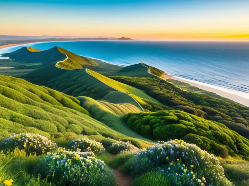 Rutas de senderismo en Uruguay te llevan por un paisaje mágico: montañas, prados floridos, playa y mar bajo un cielo colorido al atardecer