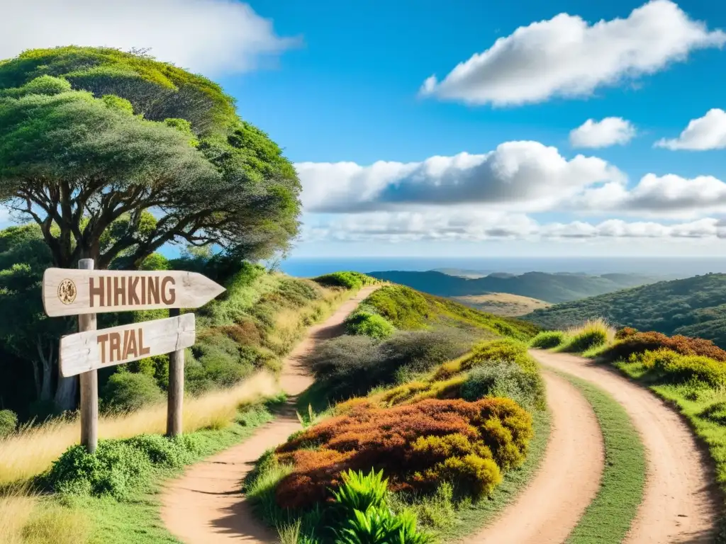 Rutas de senderismo en Uruguay rural, señalando el camino entre verdes colinas y bosques otoñales bajo un cielo azul claro