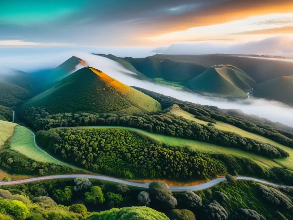 Rutas de senderismo en Uruguay: un sendero serpentea hacia un bosque, rodeado de montañas y playa al atardecer