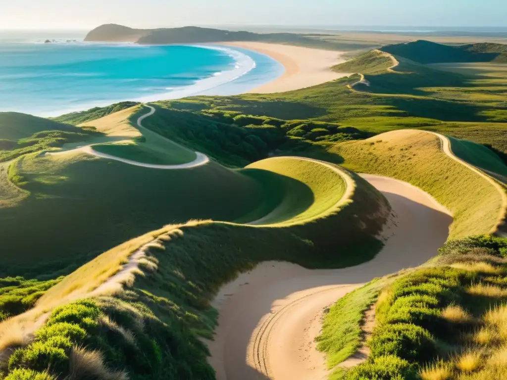 Rutas de senderismo en Uruguay: panorámica de un sendero serpenteante al amanecer, con montañas, playa y senderistas