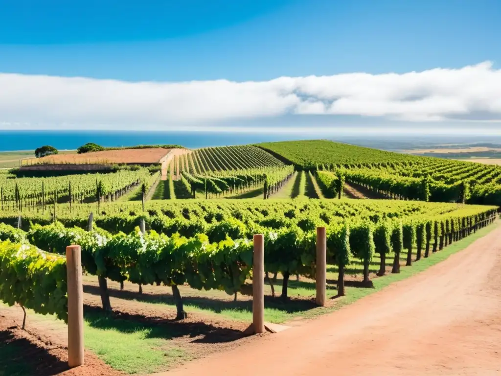 Rutas del vino en Uruguay: viñedo radiante bajo el cielo azul, con una bodega rústica y colinas tranquilas