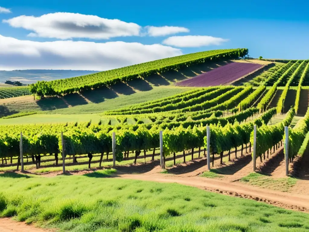 Rutas del vino en Uruguay: viñedos bañados por el sol, uvas púrpuras, un sendero de grava y una casa tradicional