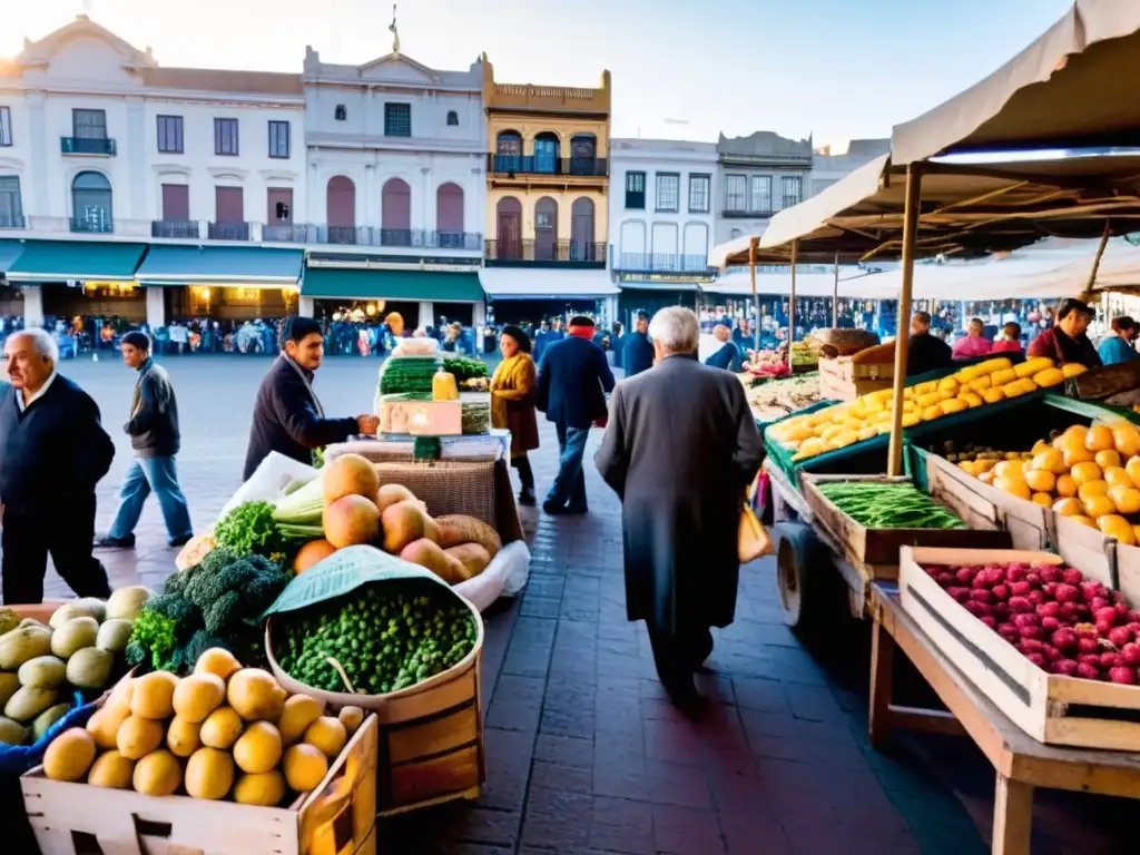 Gastronomía tradicional uruguaya: Descubriendo sabores únicos en un bullicioso mercado de Montevideo al amanecer