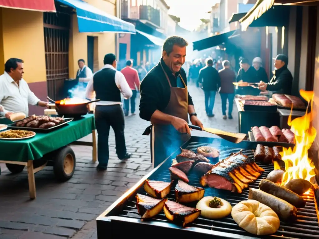 Gastronomía tradicional uruguaya: Descubriendo sabores únicos en un bullicioso mercado callejero, bajo la luz dorada de un atardecer en Montevideo