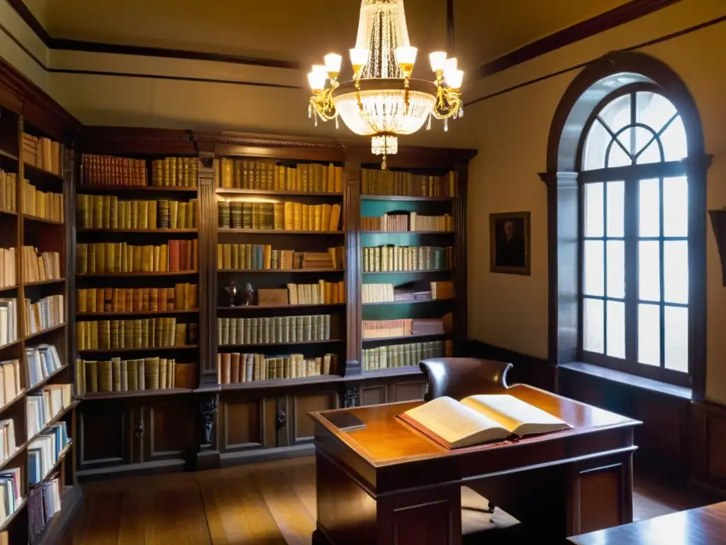 Sala de lectura uruguaya bajo luz suave, donde la revolución poética de Delmira Agustini cobra vida entre libros antiguos y el atardecer de Montevideo