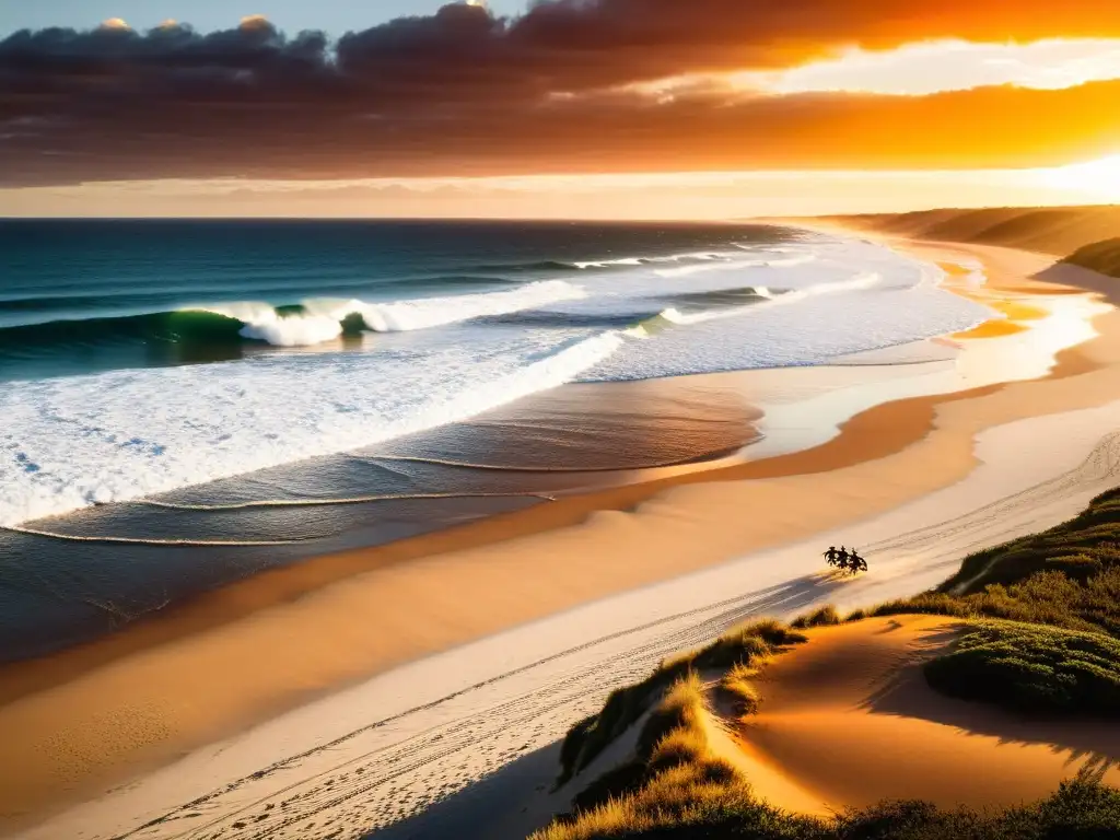 Secretos del surf en Uruguay revelados al atardecer en Playa Grande, con siluetas de surfistas y cultura Charrúa