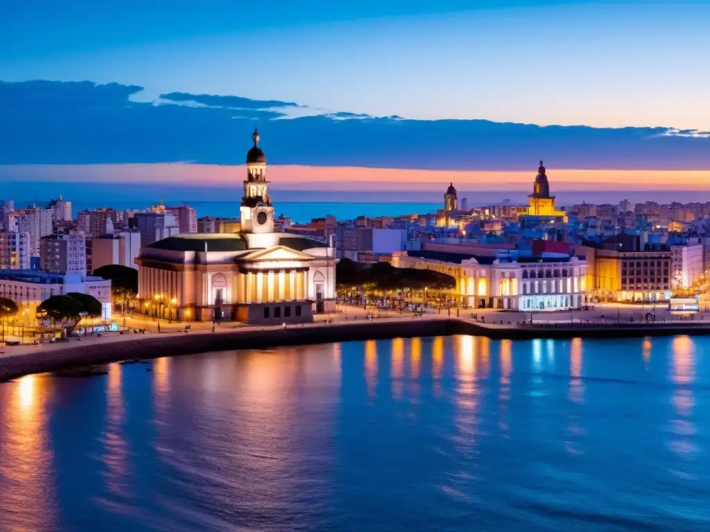 Seguridad viajar noche ciudades Uruguay: paseo nocturno luminoso en Montevideo, destacando el Teatro Solís y Palacio Salvo en 8K