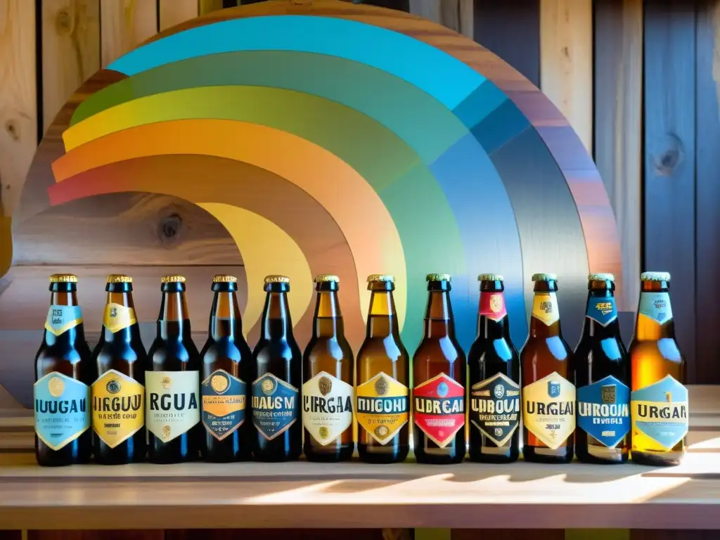 Selección de las mejores cervecerías artesanales en Uruguay, con botellas de cerveza dispuestas según su color, en un mapa rústico y acogedor