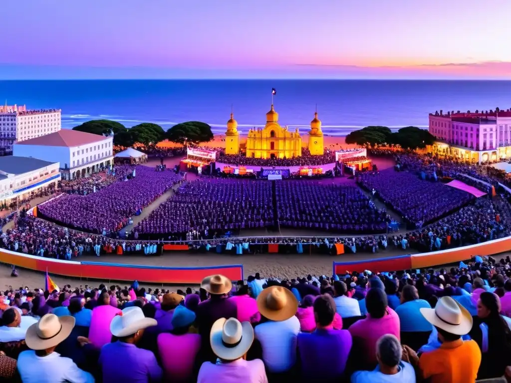 Semana Criolla en Uruguay celebración tradicional, con gauchos, música autóctona y un mercado, bajo un cielo pintado de colores vibrantes