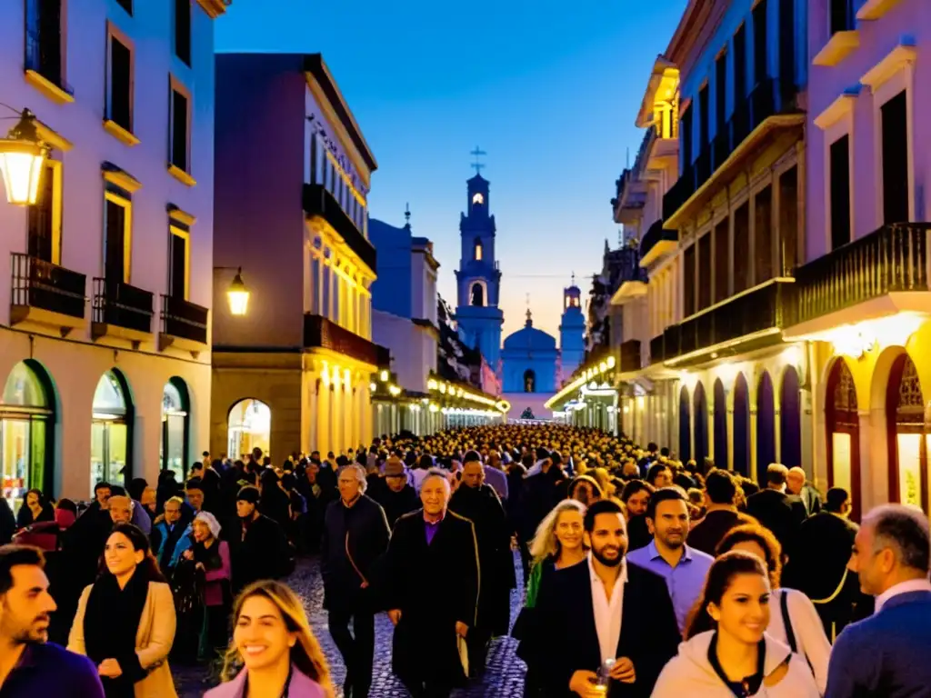 Tradición de Semana Santa en Uruguay: una calle vibrante al anochecer, llena de color, fervor religioso y alegría infantil