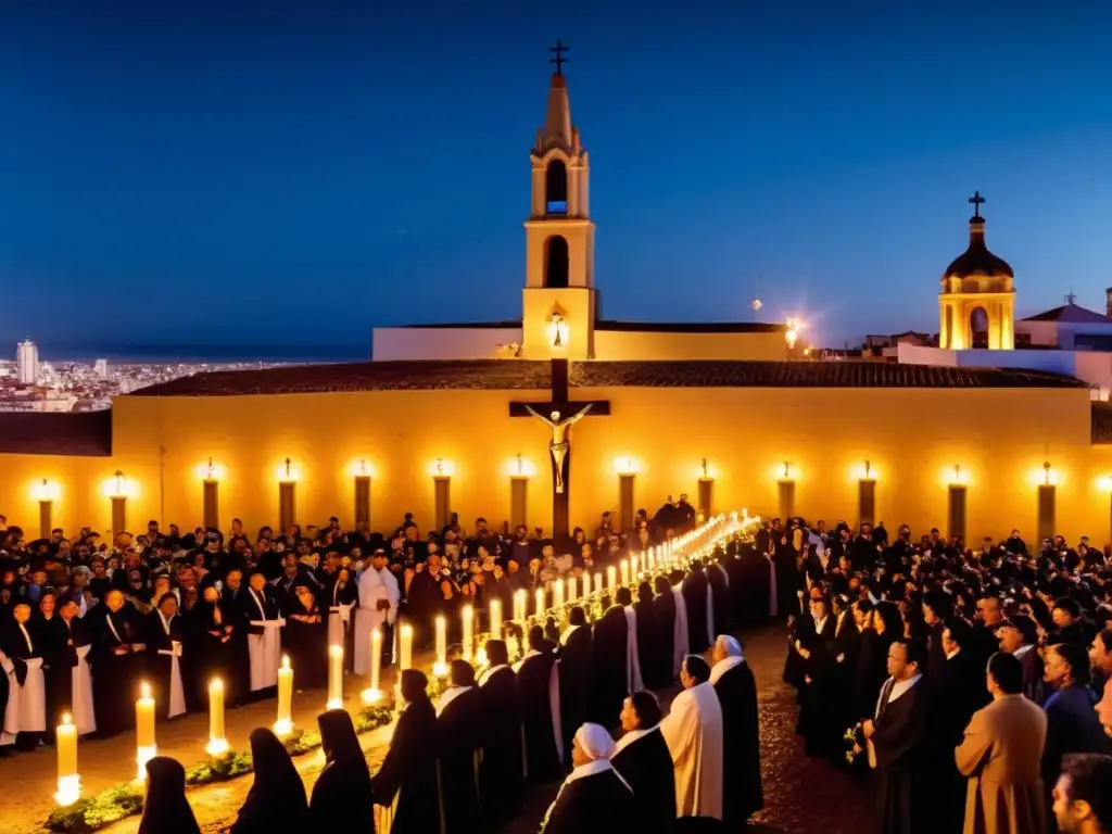 Procesión de Semana Santa en Uruguay bajo un cielo estrellado, reflejando la tradición y devoción de su gente