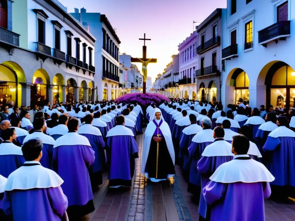 Tradición de Semana Santa en Uruguay: Desfile solemne en Montevideo bajo un cielo de tonos cobalto y lavanda, adornado por papel picado