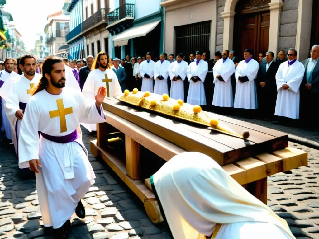 Procesión de la tradición de Semana Santa en Uruguay: fieles cargan un Cristo entre calles adoquinadas y edificios coloniales bajo un cielo nublado