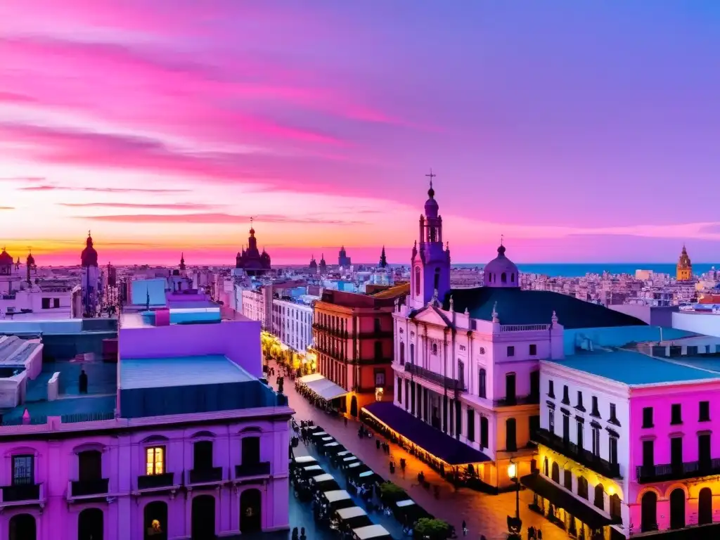 Procesión de Semana Santa en Uruguay, con el histórico Montevideo de fondo, bañado por un atardecer encantador