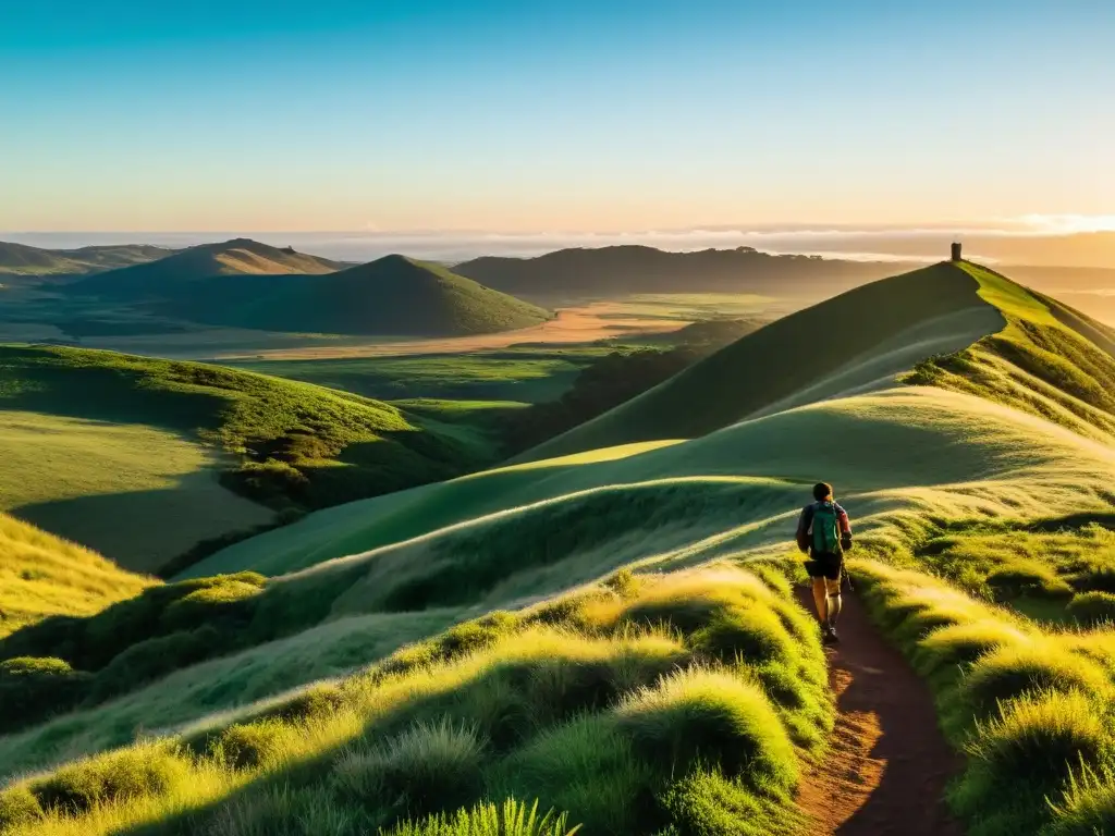 Un senderista captura la belleza del amanecer en las rutas de senderismo en Uruguay, con colinas verdes y montañas púrpuras