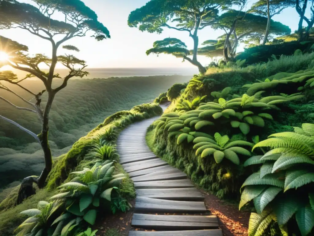 Amanecer en Uruguay, senderistas avanzan por las mejores rutas senderismo naturaleza Uruguay, inmersos en un bosque brumoso y mágico