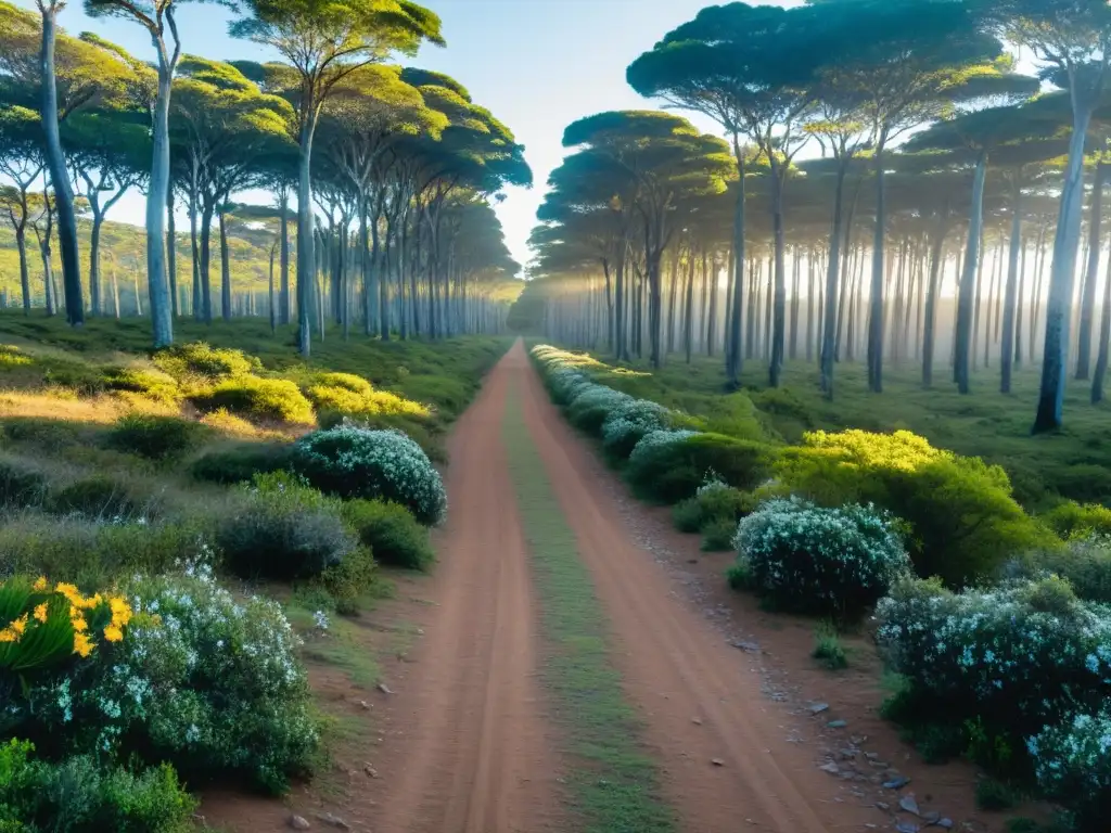 Senderistas disfrutando de las mejores rutas senderismo Uruguay bajo el cielo azul, en el brillante amanecer del Parque Santa Teresa