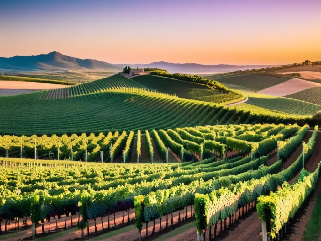 Serena belleza de la Ruta del vino en Uruguay, con viñedos al atardecer y una encantadora hacienda al fondo