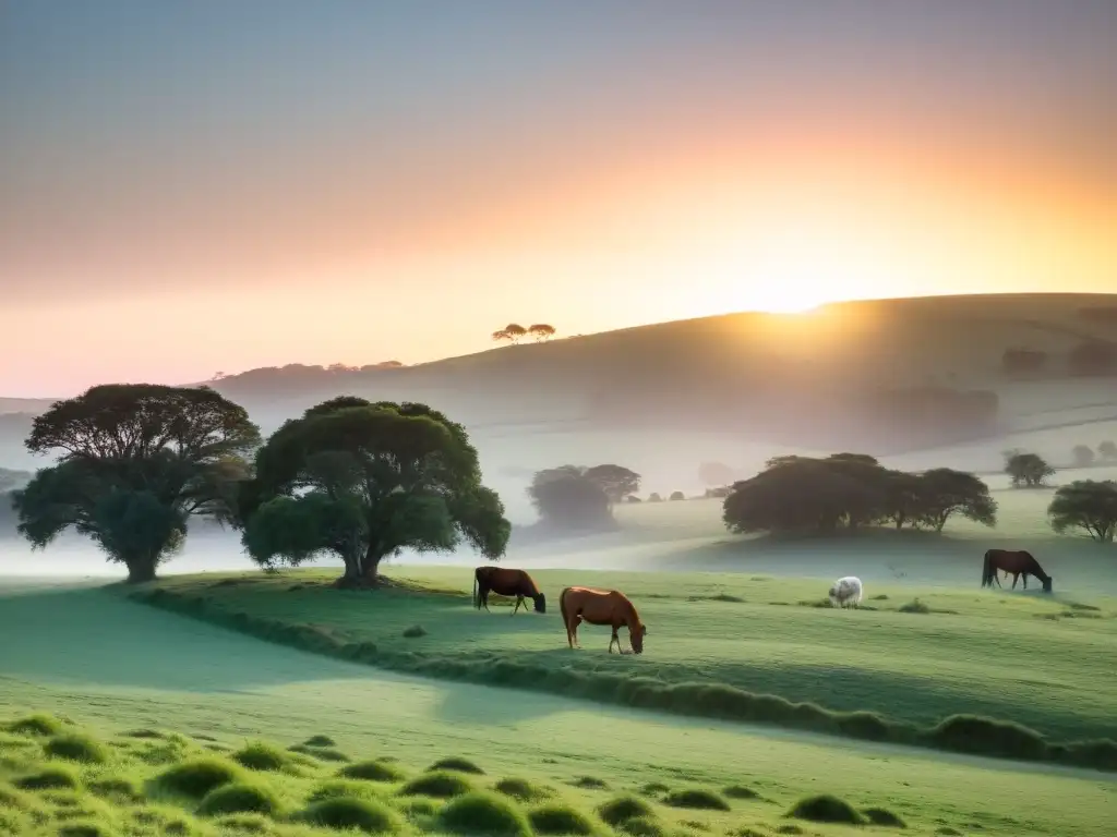 Sereno amanecer en los destinos rurales de Uruguay para desconexión total, entre prados, animales y una casa de campo