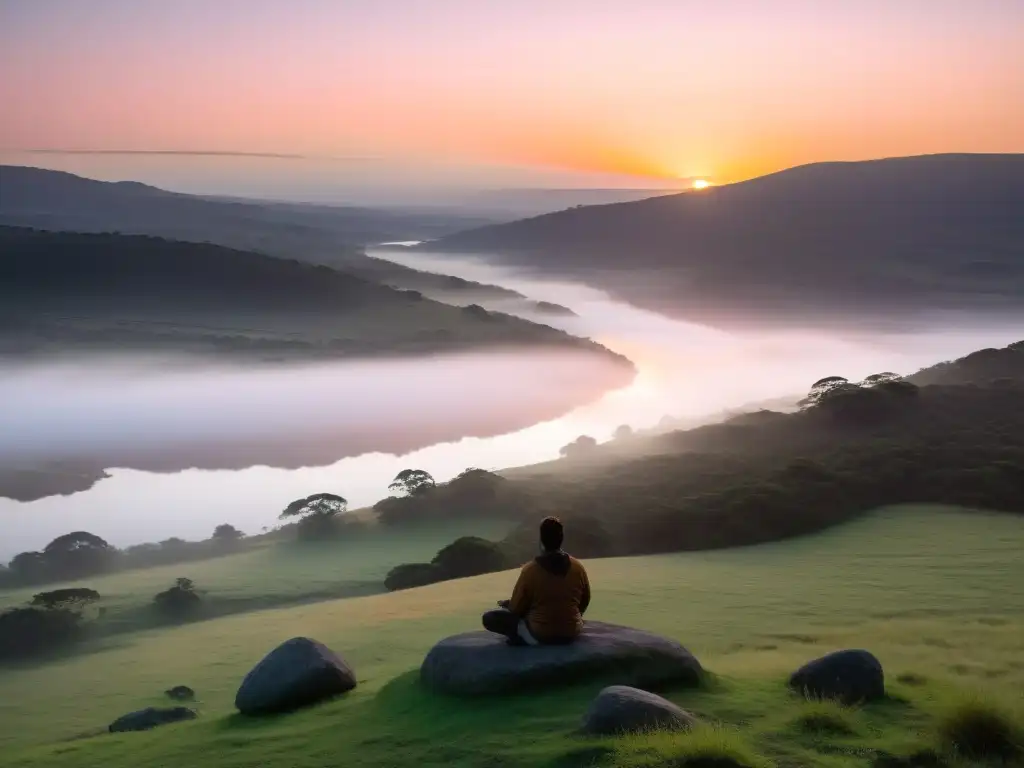 Un sereno amanecer en Uruguay, un retiro espiritual solitario contemplando la belleza natural de las colinas y río místicos