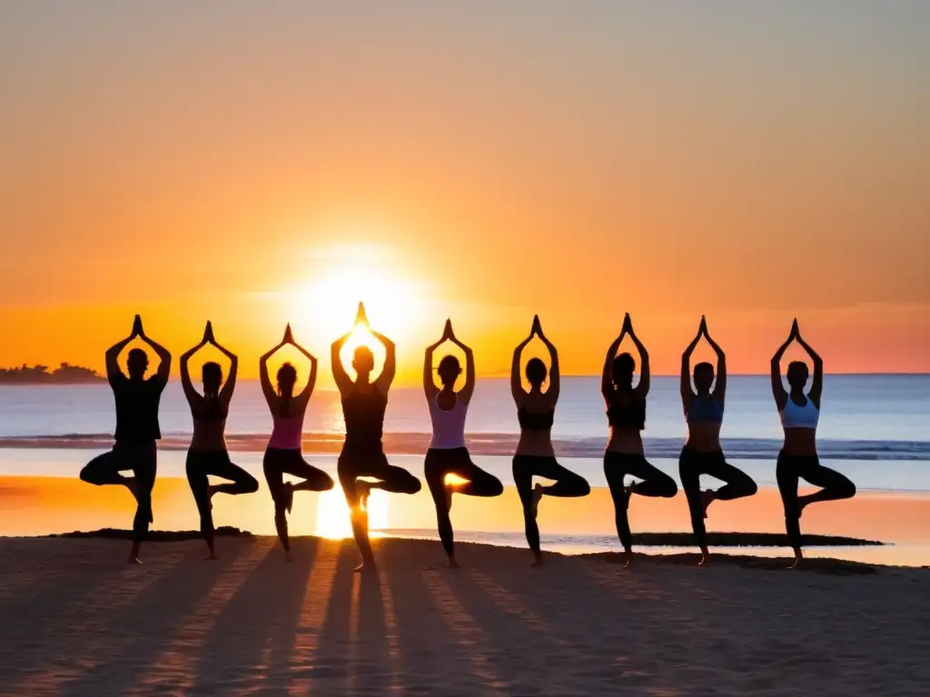 Amanecer sereno en Uruguay; grupo diverso practicando yoga en Punta del Este, reflejando la belleza y cultura del yoga en Uruguay