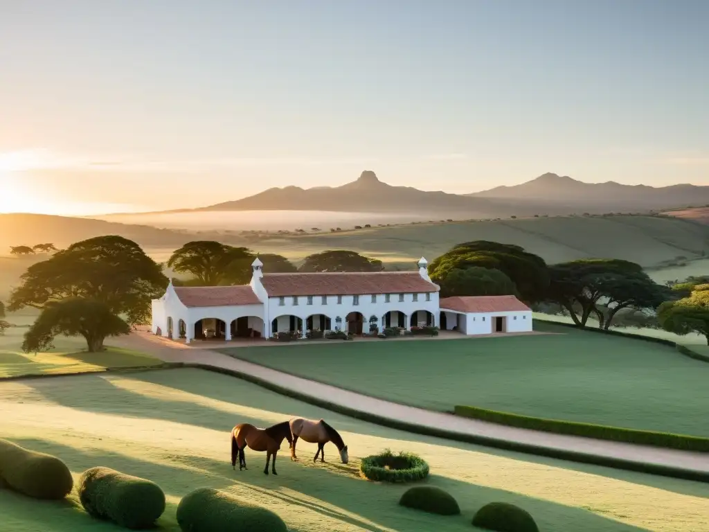 Amanecer sereno en una estancia uruguaya, con casas coloniales y caballos pastando, reflejando el encanto del turismo de estancias en Uruguay