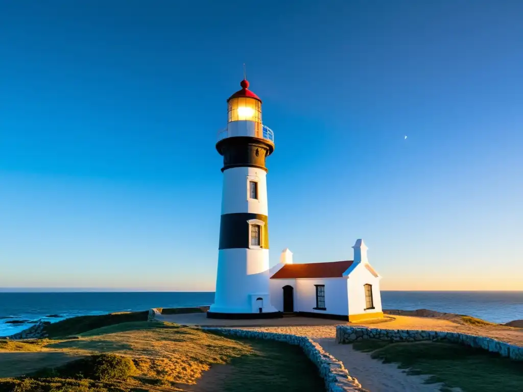 Amanecer sereno en los faros históricos Uruguay, Cabo Polonio; un contraste de luz dorada, cielo azul y naturaleza intacta