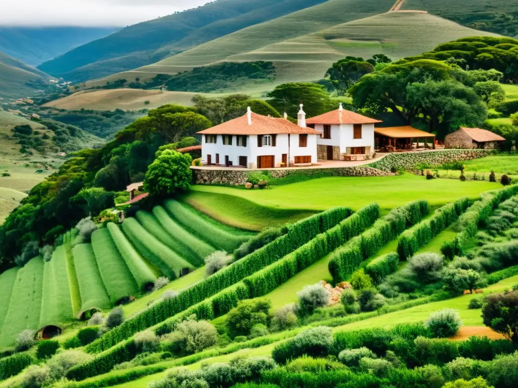 Villa Serrana Minas arquitectura tradiciones se funden en un atardecer dorado, reflejando en casas de piedra y madera uruguayas