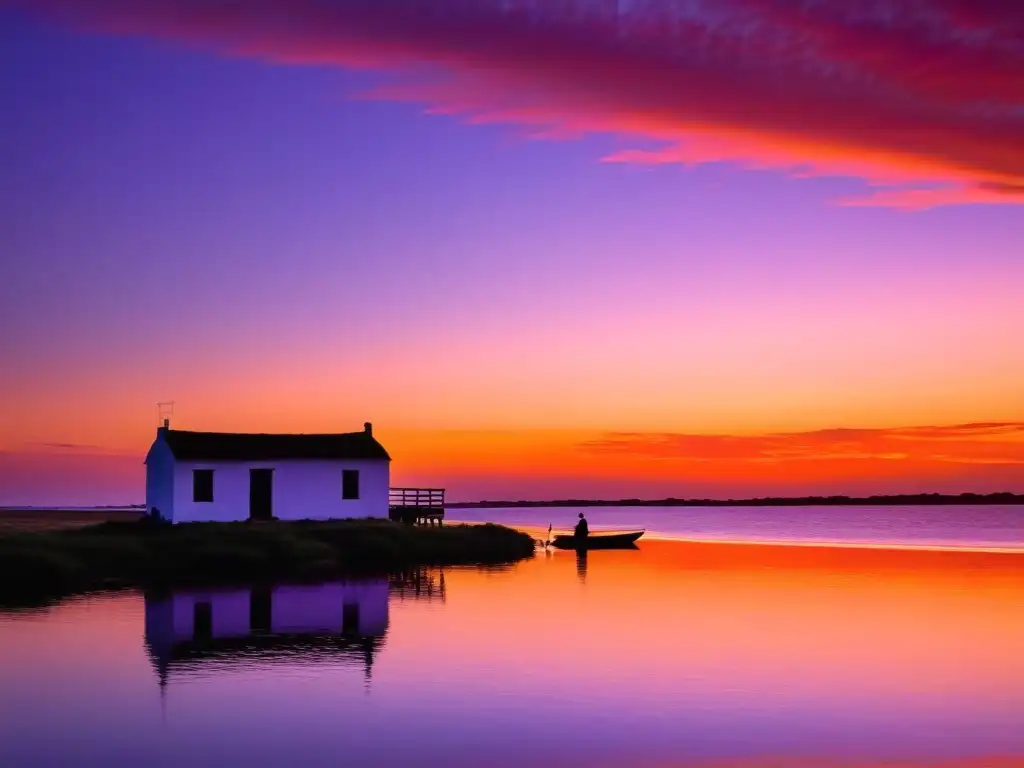 Silueta solitaria meditando al atardecer en el Río de la Plata, Uruguay, un lugar de paz y tranquilidad