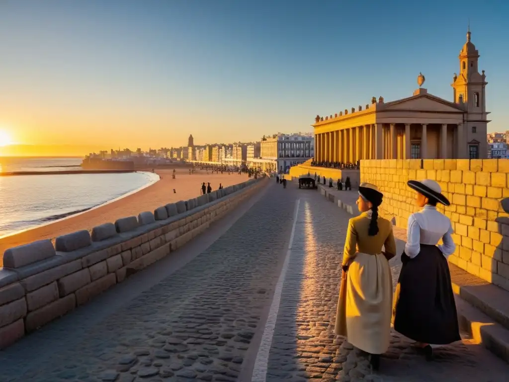 Juana de Ibarbourou y Delmira Agustini, símbolos del poder femenino literatura uruguaya, escriben al atardecer en la antigua Montevideo