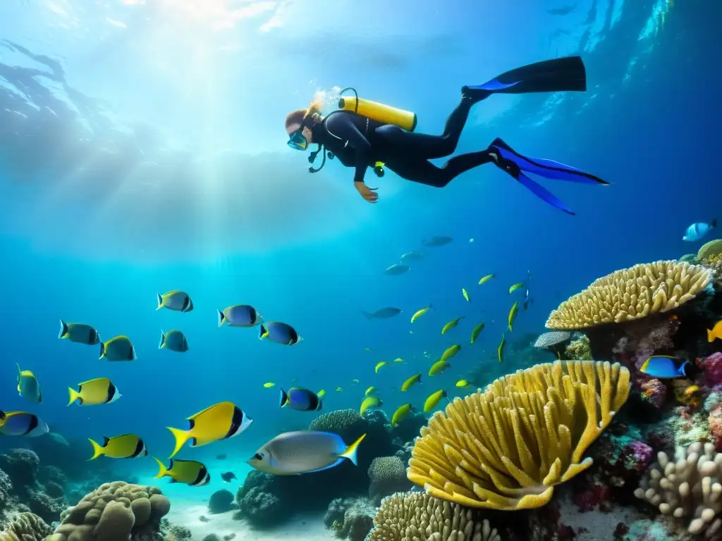 Snorkelista observa la vibrante fauna marina uruguaya, entre corales coloridos y peces de diversas especies, bajo un sol que ilumina la clara agua