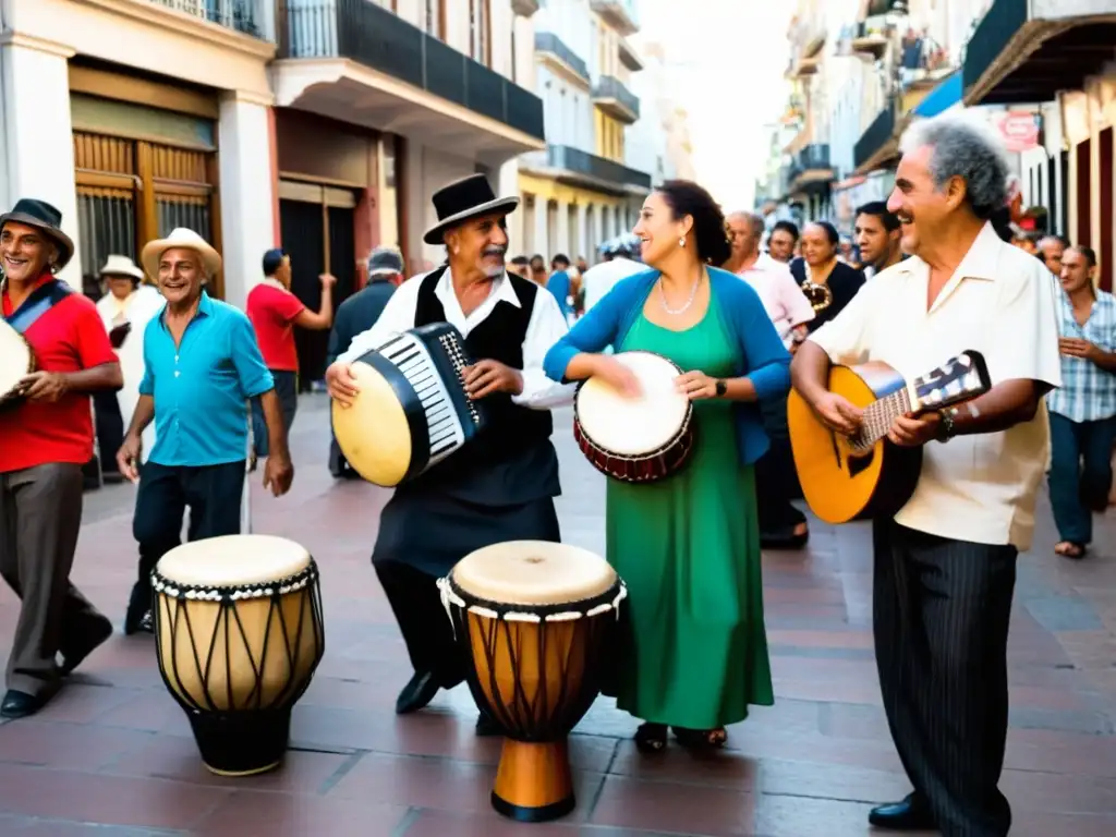 Música y sociedad en Uruguay: músicos de todas las edades tocan el Candombe y Bandoneón en una animada calle de Montevideo al atardecer