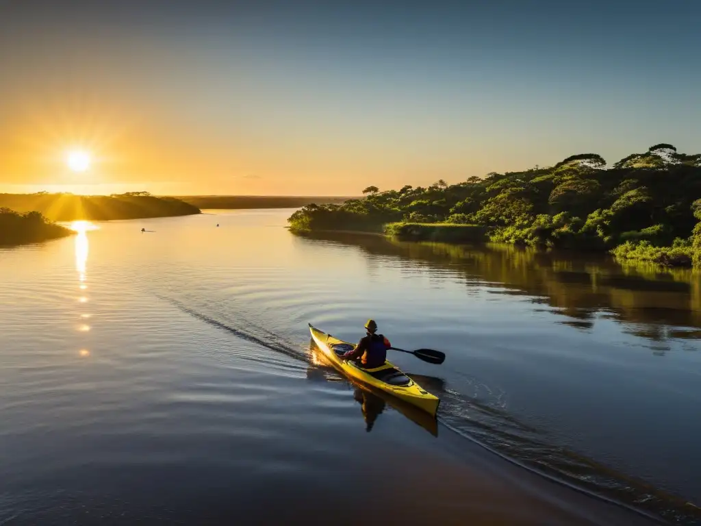 Un sol dorado cae sobre el Río Uruguay, mientras un kayakista disfruta de una tranquila travesía