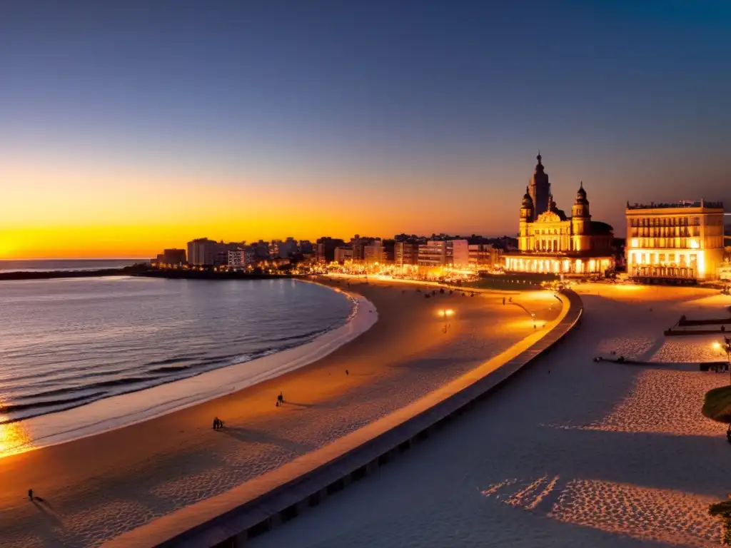 El sol se pone sobre Montevideo, iluminando un grandioso restaurante de lujo en Uruguay, con clientes disfrutando en la terraza