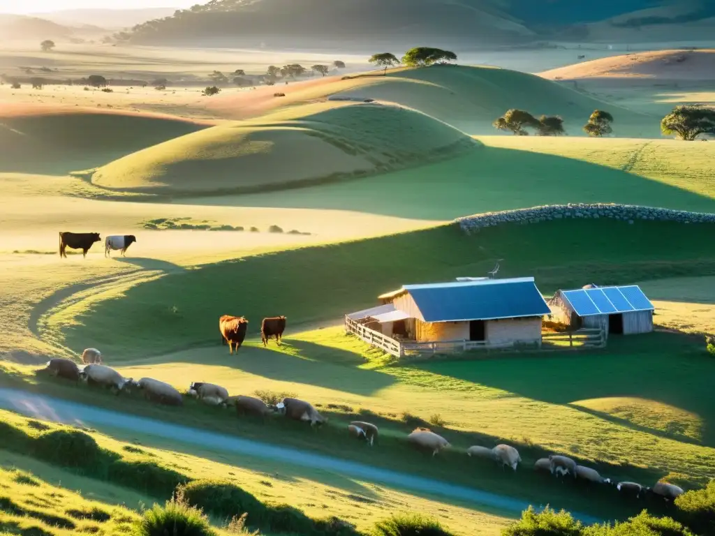 Amanecer en Uruguay, rayos de sol bañando prados donde pasta el ganado, emblema del desarrollo rural sostenible