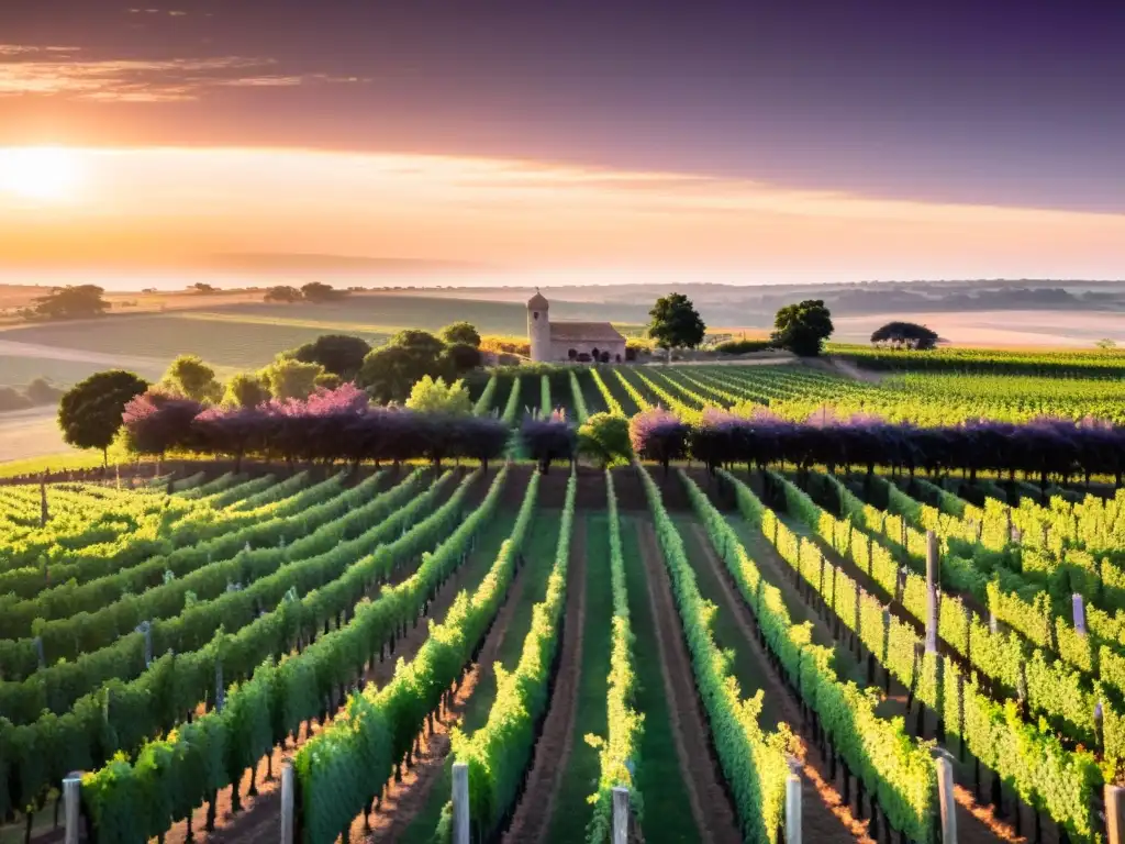 El sol se pone sobre una 'Ruta vinícola en Uruguay', iluminando en arte los viñedos y la bodega rústica