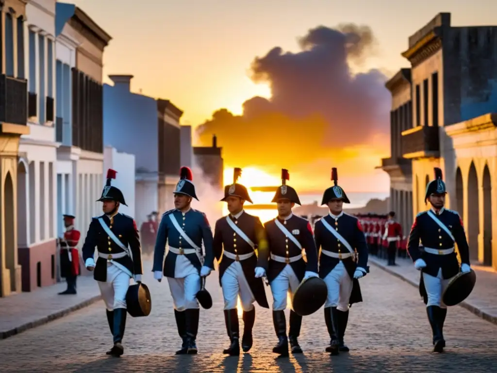 Soldados de la Guerra Grande marchando al atardecer en Montevideo, Uruguay, reflejando historia y cultura