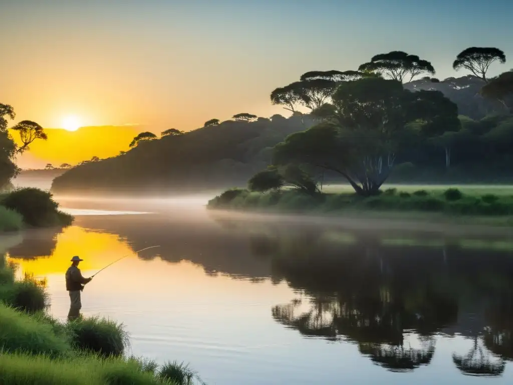 Angler solitario en el amanecer dorado, reflejado en un prístino río uruguayo, ejemplo de los mejores lugares para pesca deportiva en Uruguay