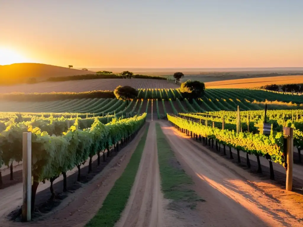 Un solitario ciclista inicia su 'Ruta del vino en Uruguay', rodeado por viñedos otoñales bajo un cielo ardiente, marcando el comienzo de una aventura